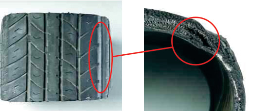 Shoulder Separation - A groove worn in the shoulder of the tyre is usually evidence of separation
